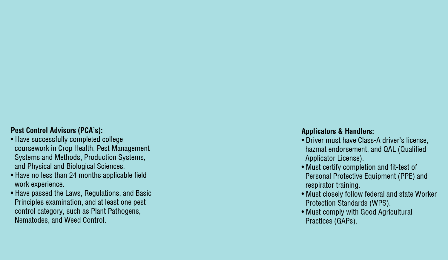 Illustration of the qualifications TriCal Pest Control Advisors, applicators, and handlers must meet